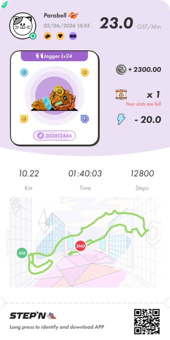 The image shows a step tracking app that has been paused at the top of its page, displaying the user's progress for that day. It appears that the person using the app stopped their walk to look at something off-camera. There are several boxes in different colors within the app, which might contain information or instructions related to the walk. The post is titled "#STEPN" and focuses on the details of how users should identify and download an app for this specific purpose.