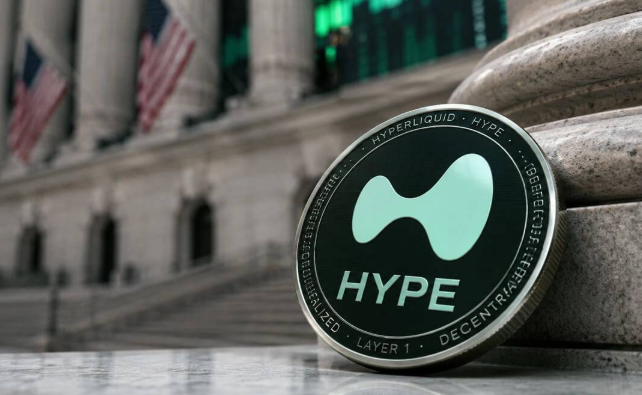 A large Hyperliquid (HYPE) token stands prominently in front of the New York Stock Exchange, symbolizing the crypto project's expansion into the U.S. market through its partnership with Kraken and Bitnomial.