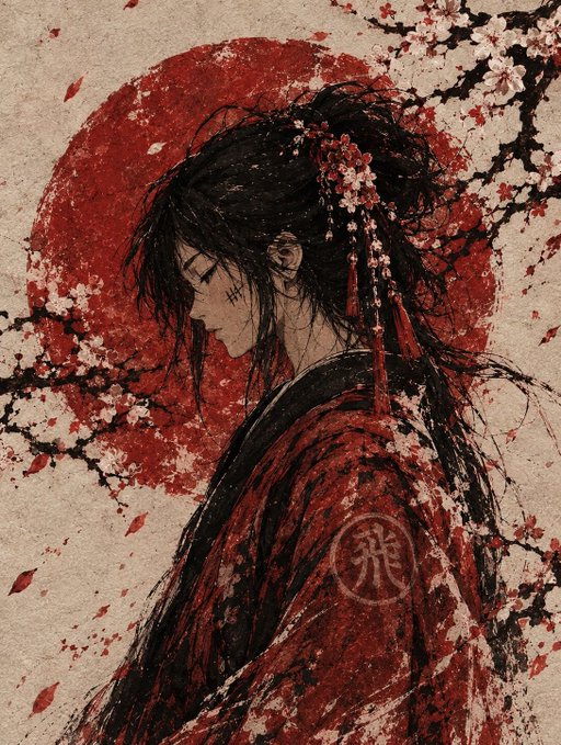 A traditional East Asian style artwork depicting a figure with dark hair and red clothing adorned with floral patterns, set against a large red moon and cherry blossoms.