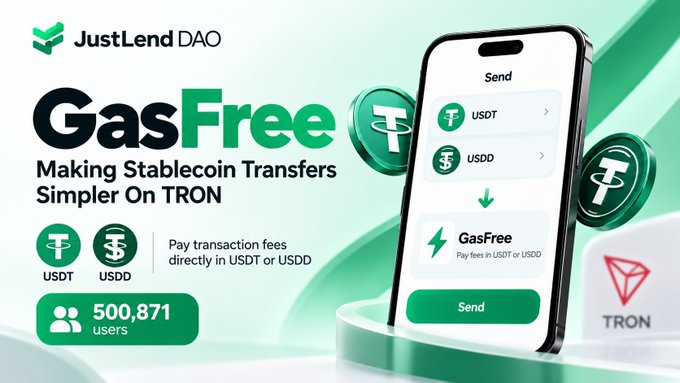 A promotional banner for 'JustLend DAO' advertising 'GasFree' stablecoin transfers on TRON, featuring USDT and USDD logos, 500,871 users, and a smartphone mockup displaying a transfer interface.