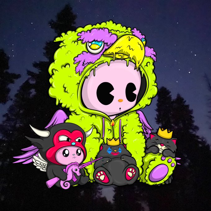 A colorful illustration features a skull-faced character in a fuzzy neon green hoodie with pink trim, surrounded by three small crowned cat creatures in a dark forest.