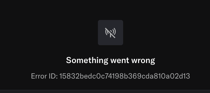 The image shows a screenshot of an error message with a black background, white text, and a gray icon that reads "Something went wrong." The error message also contains some additional information about the source of the problem, which appears to be a website or application.