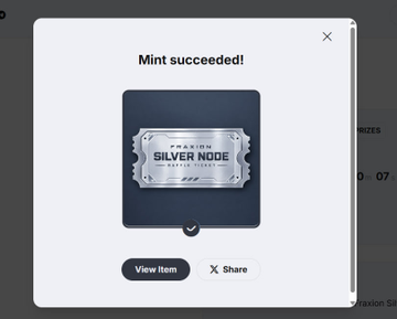 A 'Mint succeeded!' notification screen displays a silver 'SILVER NODE' NFT collectible card with a dark background.
