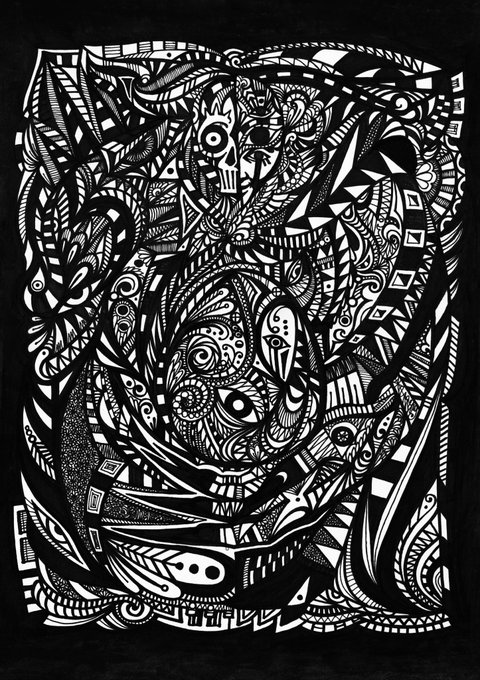 A detailed black and white abstract illustration filled with intricate patterns, geometric shapes, and stylized figures.