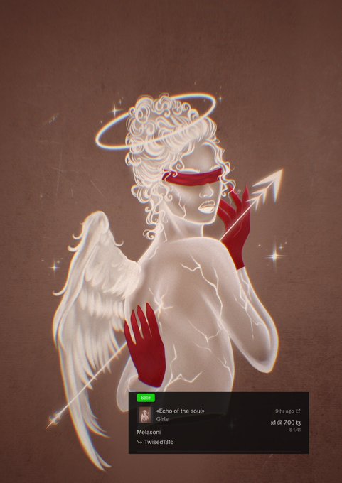 A digital illustration of a winged, marble-textured angel with red gloves and a red blindfold, holding a glowing spear, accompanied by a music player overlay showing 'Echo of the soul' by Melasoni.