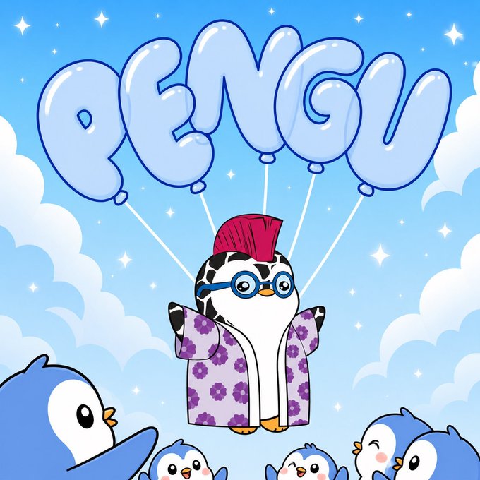 The image features a stylish penguin with a red mohawk, sunglasses, and a purple floral coat, floating with balloon letters spelling "PENGU" against a starry sky, surrounded by smaller cheerful penguins. It visually embodies the post's message about breaking limits, as the penguin literally rises above the clouds to defy expectations.