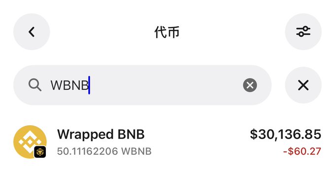 A screenshot of a crypto wallet interface showing a search for "WBNB" with "Wrapped BNB" displayed at a balance of 50.11162206 WBNB, valued at $30,136.85 (down $60.27), illustrating the post's observation that approximately 50 WBNB remains in the wallet without being donated.