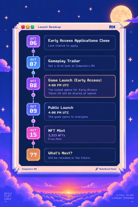 A retro pixel-art style launch roadmap for 'Computer's RH' on Robinhood Chain, detailing dates from October 6 to October 15 including Early Access Applications Close, Gameplay Trailer, Game Launch, Public Launch, and NFT Mint.