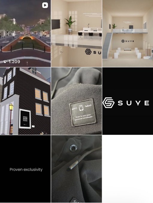 A nine-panel grid showcasing various scenes including a street view, a modern conference room, a building exterior, a clothing label reading 'NFC label', and branding for 'SUYE' with the phrase 'Proven exclusivity'.