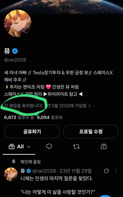 The image shows a Twitter/X profile page of user "뮤 (@rar2028)" displaying a pinned tweet about Tesla, Hyundai Construction, and SpaceX stocks with celebratory emojis, currently showing 6,873 retweets and 9,054 likes. The highlighted post "생일을 축하합니다!" (Happy birthday!) relates to the accompanying post celebrating September 11th as the user's birthday with a wish for Tesla to reach $400.