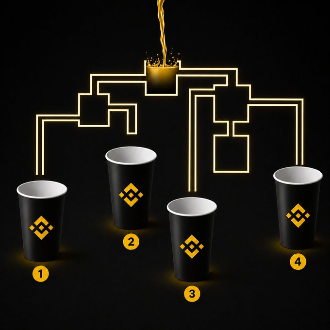 Four black cups labeled with the Binance (BNB) logo are numbered 1–4, connected by glowing gold pipes to a central cup pouring liquid from above, challenging viewers to guess which cup fills first.