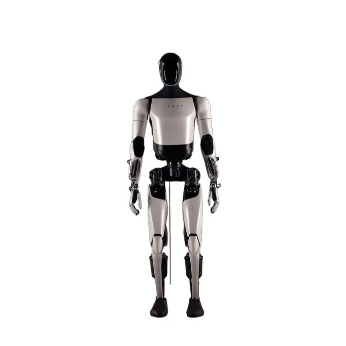 A humanoid robot with the "TESLA" logo on its chest stands against a white background, visually representing Tesla's Optimus humanoid robot concept that the post references as a potential high-value meme coin investment.