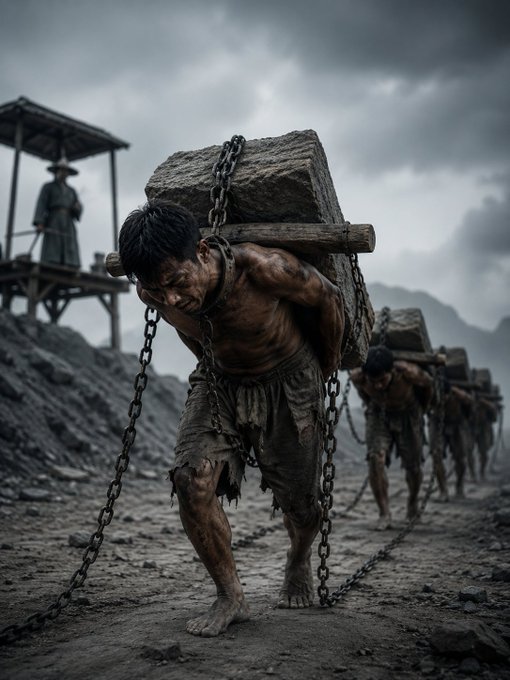 A dramatic illustration of a shirtless, exhausted man carrying a large chained boulder on his back, with other laborers visible behind him in a desolate, cloudy landscape.