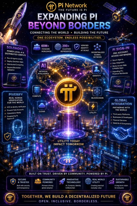 A promotional infographic for Pi Network titled 'EXPANDING PI BEYOND BORDERS,' highlighting features like 60M+ Pioneers, 200+ countries, Pi Browser, Pi Sign-In, PIVerify, and global ecosystem utility.