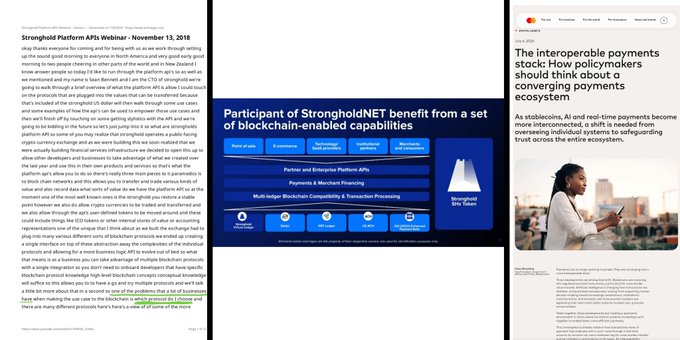 The image displays a two-page spread featuring a Stronghold Platform APIs Webinar from November 13, 2018, with details about blockchain-enabled payment capabilities, alongside an article titled "The interoperable payments stack: How policymakers should think about a converging payments ecosystem." The webinar content discusses Sean Bennett's focus on practical business applications of blockchain, aligning with the post's emphasis on prioritizing real-world utility over blockchain technology debates.