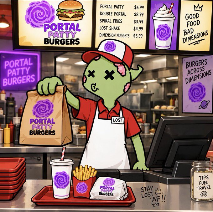 A cartoon illustration of a green alien employee at a fast-food counter called 'PORTAL PATTY BURGERS,' holding a branded bag with menu items like 'PORTAL PATTY,' 'LOST SHAKE,' and 'DIMENSION NUGGETS' visible.