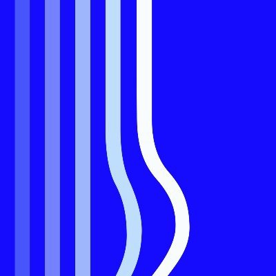 An abstract graphic design featuring wavy blue and white stripes on a solid blue background.