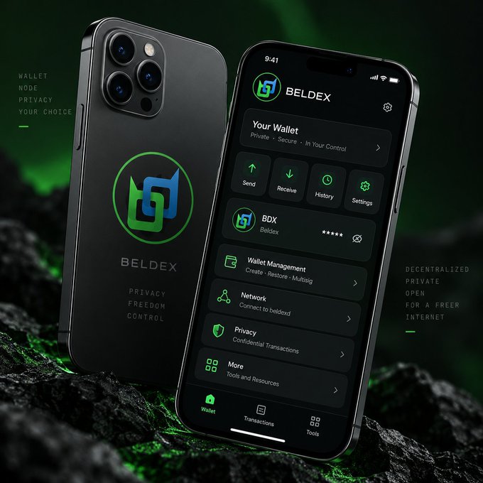 A promotional image for the Beldex wallet app, shown on an iPhone alongside the phone's back with the Beldex logo, emphasizing privacy, freedom, and control.