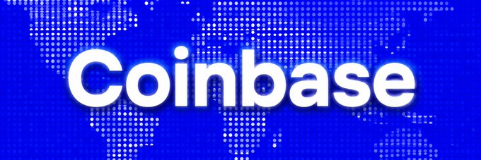 A blue graphic displaying the white 'Coinbase' logo over a dotted world map background.