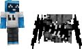 A pixel art image showing a blue-hooded character next to a dark, blocky spider-like creature, evoking retro game monsters that "jumped" at the player in games like Wonderlands or Minecraft.