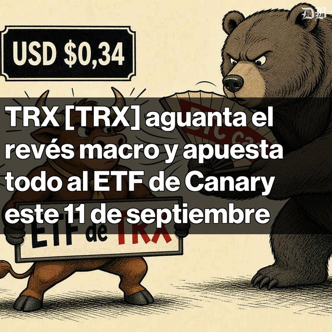 A graphic showing a price of "USD $0,34" above the Spanish text "TRX [TRX] aguanta el revés macro y apuesta todo al ETF de Canary este 11 de septiembre", set against an illustration of a bull and bear with an "ETF de TRX" sign.