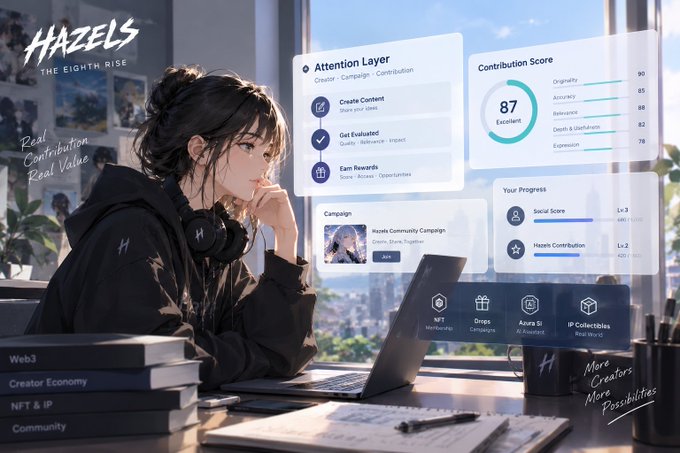 A digital illustration branded "HAZELS - THE EIGHTH RISE" depicts an anime-style woman working on a laptop with floating UI panels showing "Attention Layer," "Contribution Score" of 87, and progress metrics for Web3 creator campaigns.
