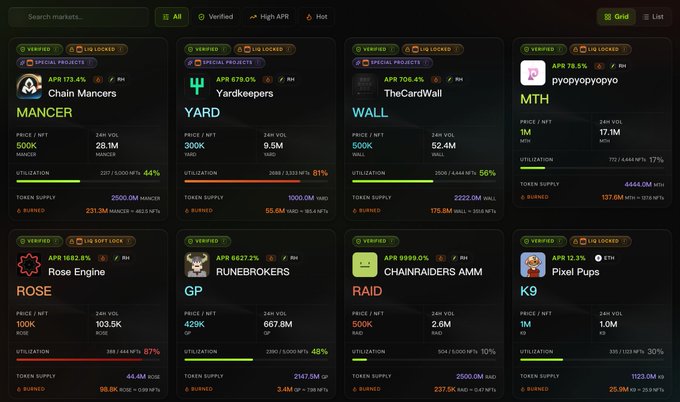 A dark-themed cryptocurrency dashboard displaying various tokens including Mancer (Chain Manicers), Yard (Yardkeepers), Wall (TheCardWall), MTH (pyopyopyopyo), Rose (Rose Engine), GP (RUNEBROKERS), RAID (CHAINRAIDERS AMM), and K9 (Pixel Pups) with their APR, price, market cap, and utilization statistics.