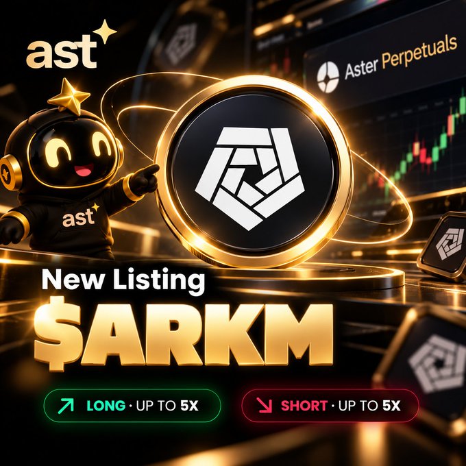 A glossy black-and-gold crypto promotion for AST features a mascot, a large token emblem, “New Listing $ARKM,” and two badges reading “LONG · UP TO 5X” and “SHORT · UP TO 5X.”
