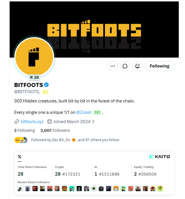 A Twitter/X profile page for 'BITFOOTS' (@BITFOOTS_) with a Bitcoin-themed foot logo, showing 2,007 followers and describing itself as '303 Hidden creatures, built bit by bit in the forest of the chain.' with unique 1/1 NFTs on Zcash.