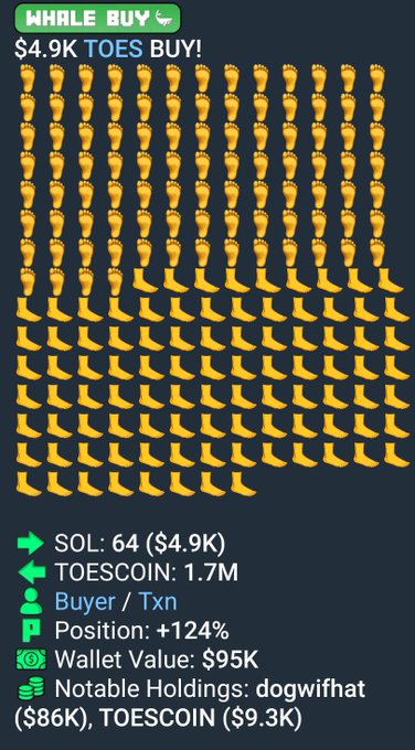 A crypto tracking screenshot showing a 'WHALE BUY' of '$4.9K TOES BUY!' with details for 'SOL: 64 ($4.9K)', 'TOESCOIN: 1.7M', wallet value '$95K', and notable holdings of 'dogwifhat ($86K)' and 'TOESCOIN ($9.3K)'.