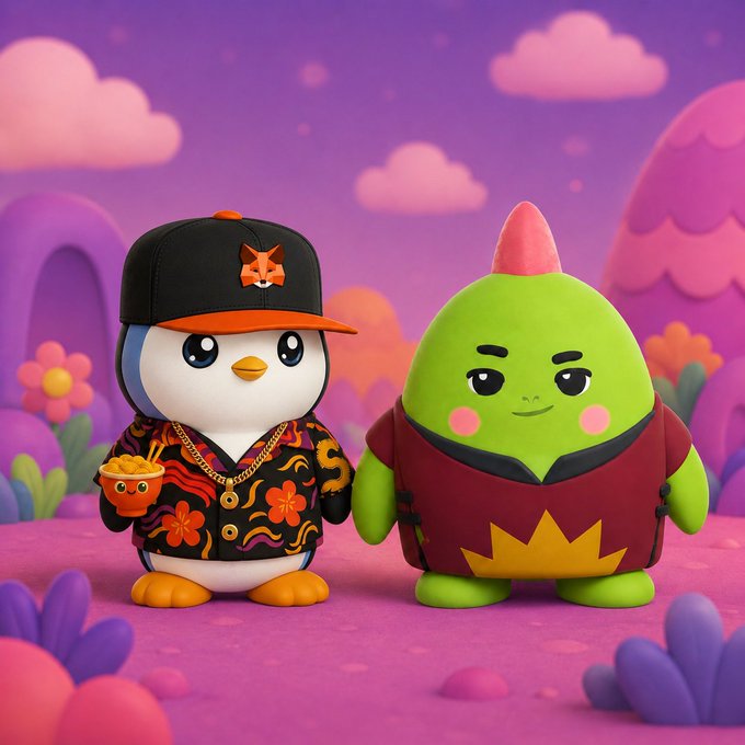 Two cute 3D-rendered characters—a penguin in a black cap and colorful jacket holding fries, and a green creature with a pink spike wearing a red outfit—pose together in a vibrant purple dreamscape with fluffy clouds and flowers. The whimsical, sleepy aesthetic of the characters mirrors the post's theme of sleep data and the Sleepagotchi $SLEEP project, which aims to give users ownership of the data their bodies generate while sleeping.