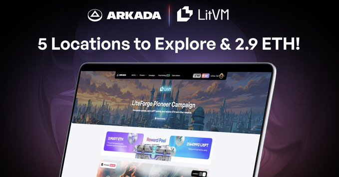An advertisement banner for ARKADA and LitVM featuring '5 Locations to Explore & 2.9 ETH!' with a laptop displaying the LiteForge Pioneer Campaign.
