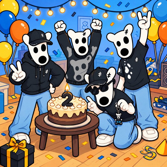 A vibrant cartoon illustration shows four white dog-like characters celebrating a 2nd anniversary, with one holding a cake featuring a "2" candle, surrounded by balloons, confetti, and gifts—matching the post's milestone celebration for the DOGS NFT collection's two-year anniversary.