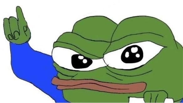 A Pepe the Frog meme illustration showing the green cartoon character with an angry expression, raising its middle finger while wearing a blue sleeve.