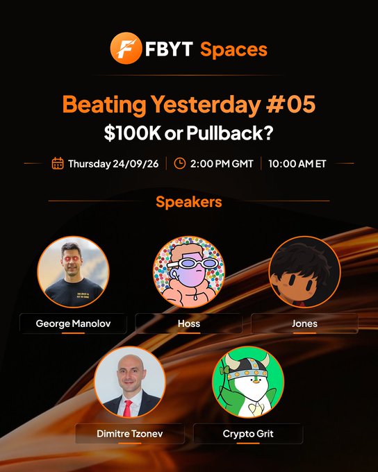 A promotional graphic for an FBYT Spaces Twitter Space event titled 'Beating Yesterday #05: $100K or Pullback?' scheduled for Thursday 24/09/26, featuring speakers George Manolov, Hoss, Jones, Dimitre Tzoner, and Crypto Grit.