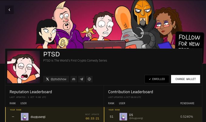 A promotional graphic for "PTSD - The World's First Crypto Comedy Series" (@ptsdshow) featuring cartoon characters and a "FOLLOW FOR NEW" banner. Below the banner, leaderboards display the user "duygusergj" enrolled in the project at 00:33, with their rank showing #51 on the Contribution Leaderboard under user "DS" with 0.5240% mindshare.