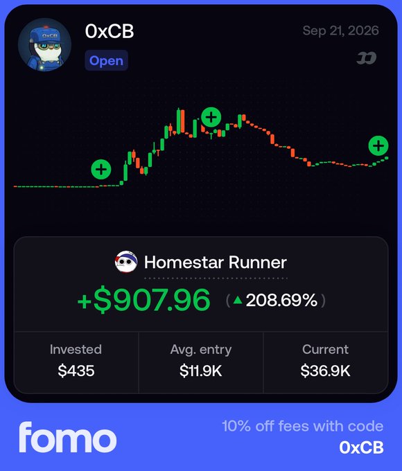 A FOMO app trading card for wallet "0xCB" dated Sep 21, 2026, shows the token "Homestar Runner" up +$907.96 (208.69%) on a $435 investment, with a current value of $36.9K and a candlestick chart marking green buy points. The image backs the post's "generational" $300-to-$300K challenge pitch for $RUNNER as an OG memecoin contender.