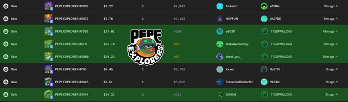 A transaction history table showing multiple 'Sale' entries for 'PEPE EXPLORER' NFTs with varying prices, quantities, and buyers including hxlamrft, HOFIFUM, and TIGERWALDOX.