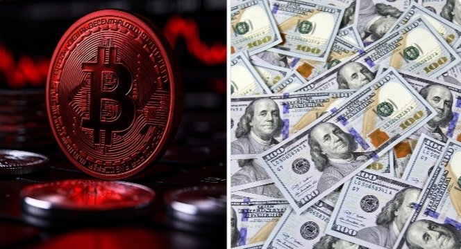 A red Bitcoin coin stands prominently on the left side of the image, juxtaposed against a scattered pile of $100 U.S. dollar bills on the right, visually representing the contrast between cryptocurrency and traditional fiat currency discussed in the post about Bitcoin's resilience during U.S. dollar rallies.