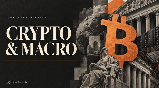 A promotional banner titled "THE WEEKLY BRIEF: CRYPTO & MACRO" (@QuintenFrancois) features a composite design with a large orange Bitcoin symbol overlaying classical architecture, a statue of Justice, a globe, and financial data screens, visually reinforcing the post's theme of analyzing the intersection of cryptocurrency and macroeconomic news.