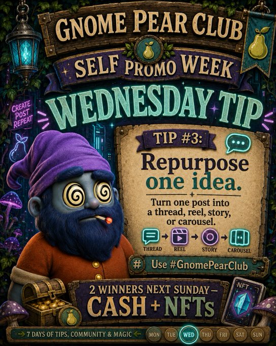 Promotional graphic for 'GNOME PEAR CLUB - SELF PROMO WEEK' showing Wednesday Tip #3: 'Repurpose one idea. Turn one post into a thread, reel, story, or carousel,' with '2 WINNERS NEXT SUNDAY - CASH + NFTs' and hashtag #GnomePearClub.