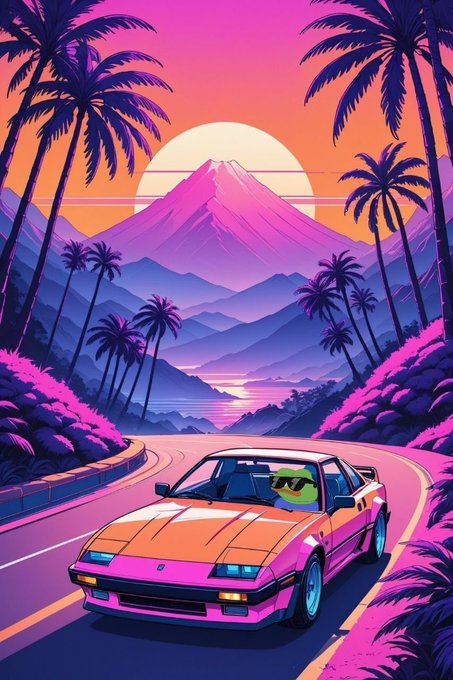 A vibrant, vaporwave-style illustration featuring a pink and orange sports car on a winding road, with palm trees, a pink mountain, and a setting sun in the background. The driver appears to be a green cartoon character wearing sunglasses.