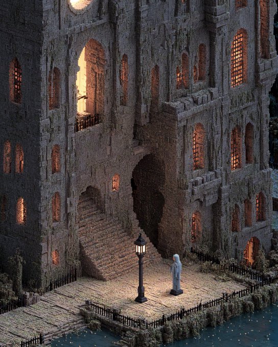 A detailed 3D rendering of an ancient stone castle at night with lit windows, stairs, and a small statue by a lamppost.
