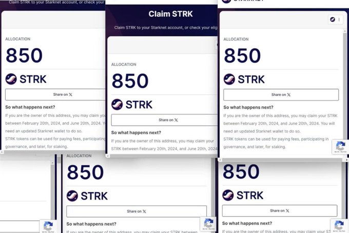 Multiple overlapping screenshots of a 'Claim STRK' interface showing an allocation of '850 STRK' tokens with a 'Share on X' button and instructions about claiming tokens between February 20th, 2024, and June 20th, 2024.