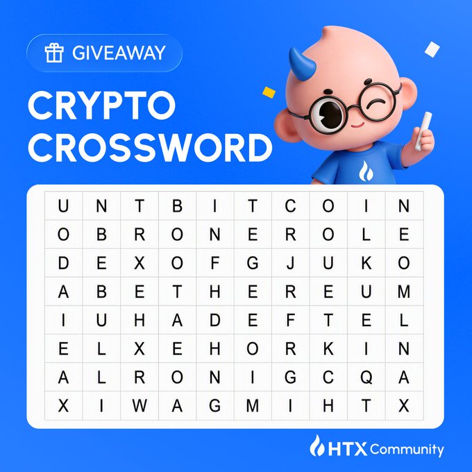 The image is a promotional graphic for a "Crypto Crossword Giveaway" featuring a word search grid containing crypto-related terms like "BITCOIN," "ETHEREUM," and "TOKEN," alongside a cute mascot character wearing glasses, with branding from "HTX Community" to support the giveaway campaign asking participants to find at least 3 words.