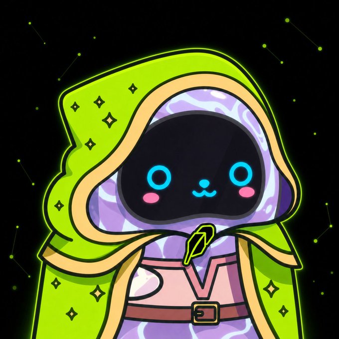 A cute cartoon-style illustration of a hooded character with a glowing black face, blue eyes, and a green and yellow robe adorned with sparkles, set against a starry background.