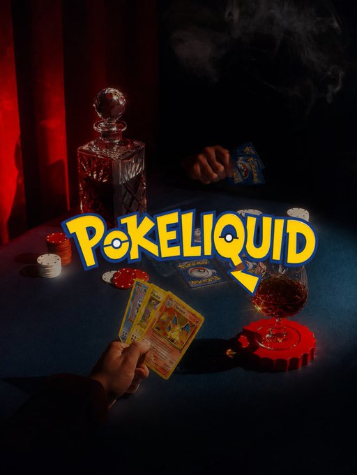 The image shows a moody, dimly lit scene of two people playing a game of Pokémon cards at a table with chips, a decanter of liquor, a glass, and curling smoke in the background. The stylized text "POKELIQUID" overlays the scene in bold yellow lettering, visually tying the nostalgic card game to the crypto brand the post promotes as onboarding millions to perpetual futures trading.