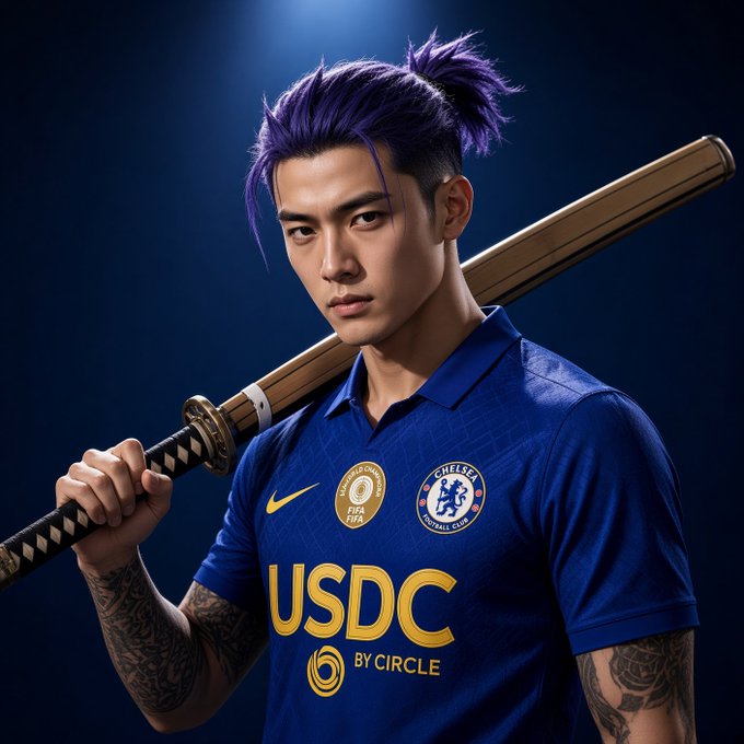 A digital portrait of a man with purple hair in a topknot, tattoos on his arms, holding a katana over his shoulder while wearing a blue Chelsea FC jersey with "USDC BY CIRCLE" sponsorship text.