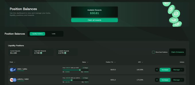 A cryptocurrency dashboard displaying 'Position Balances' with $30.81 available rewards, showing liquidity positions including USDC/wstUSDC and wstUSDC/USDC pools with their respective APY rates.