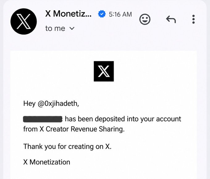 The image features a computer screen displaying an email message, likely from an online platform that pays out users. The main text of the email states, "Alhamdulillah My first payout has been received Many thanks @elonmusk to make a great full platform", which suggests that someone who sent or has sent this email is being rewarded for their effort on the platform. This message is posted in a social media environment and is attributed to a specific person, likely the X Monetization creator, and they are commended for their work by those who have benefitted from their platform.
